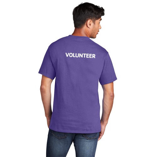 Adult 5.4oz 100% Cotton Tee (Purple)  - Vertical YMCA Volunteer Logo w/ Volunteer Back Print