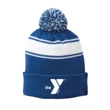 Stripe Pom Pom Beanie w/ Embroidered YMCA Logo