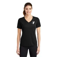 Ladies Racer Mesh V-Neck Tee - Ladies Racer Mesh V-Neck Tee - Screen Print (Left Chest Y Logo w/ PERSONAL TRAINER back)